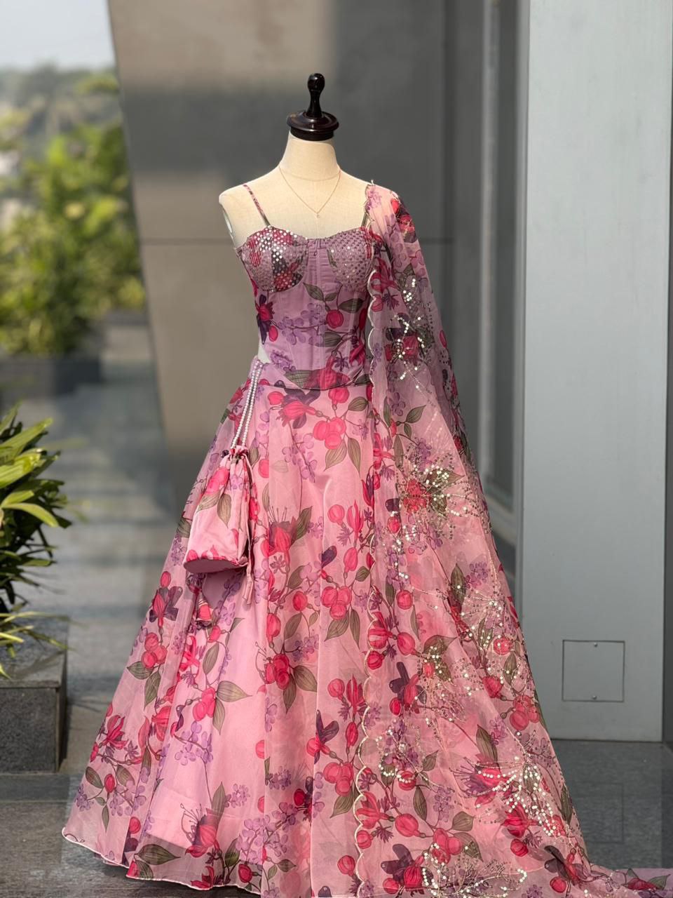 Trendy Corset Pattern Organza Pink Lehenga Set With Designer Batwa
