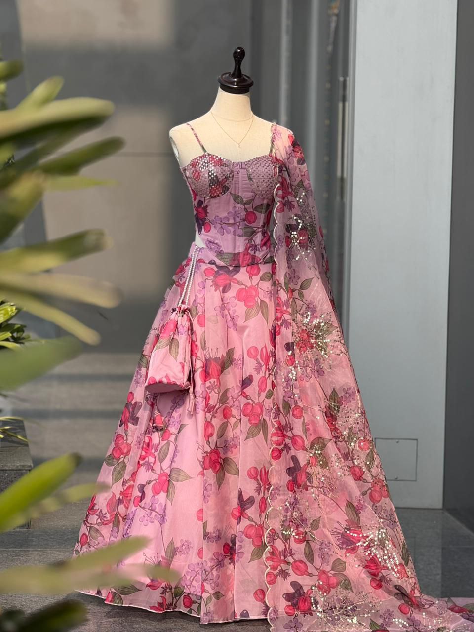 Trendy Corset Pattern Organza Pink Lehenga Set With Designer Batwa