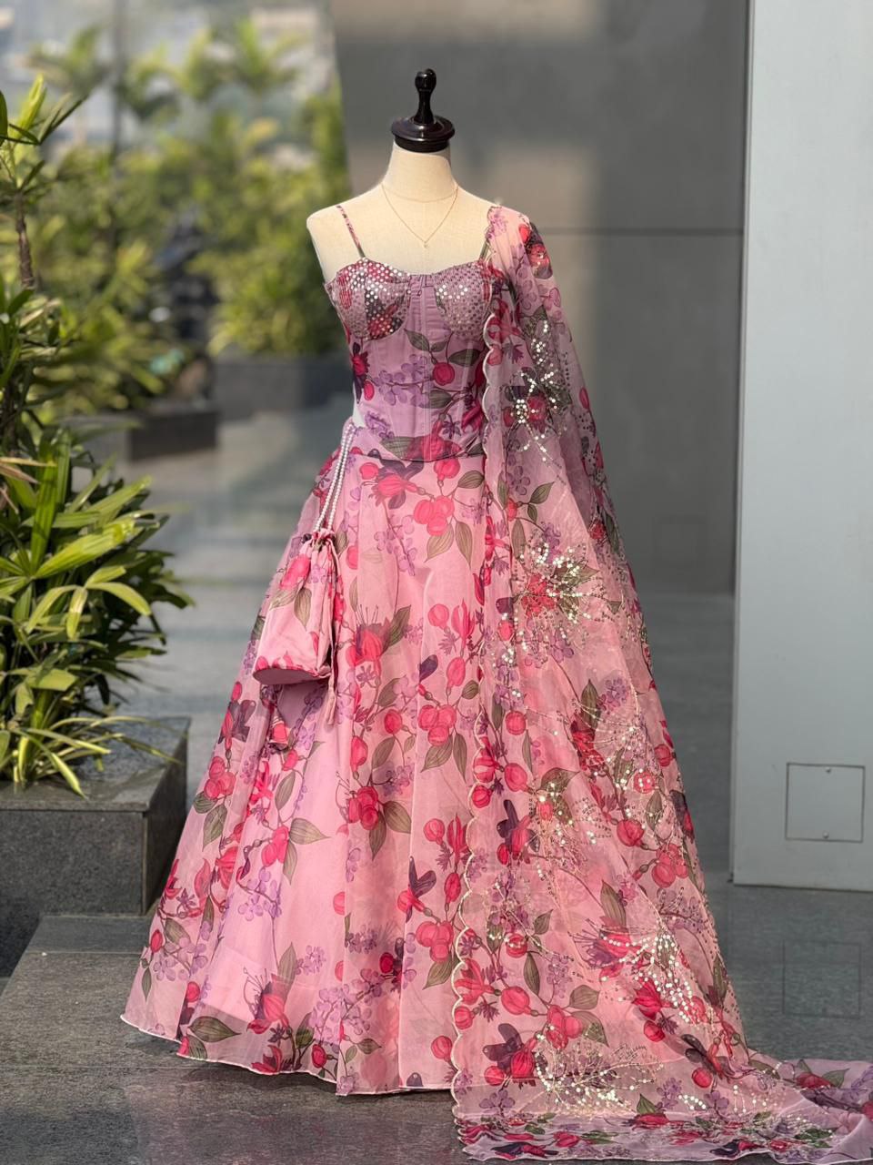 Trendy Corset Pattern Organza Pink Lehenga Set With Designer Batwa