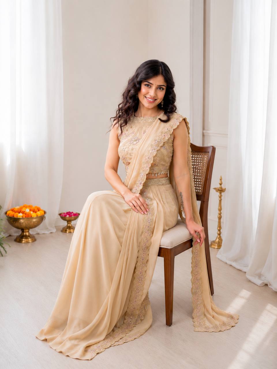 Bollywood Wear Cream Color Embroidery Sequins Work Lehenga Style Outfit