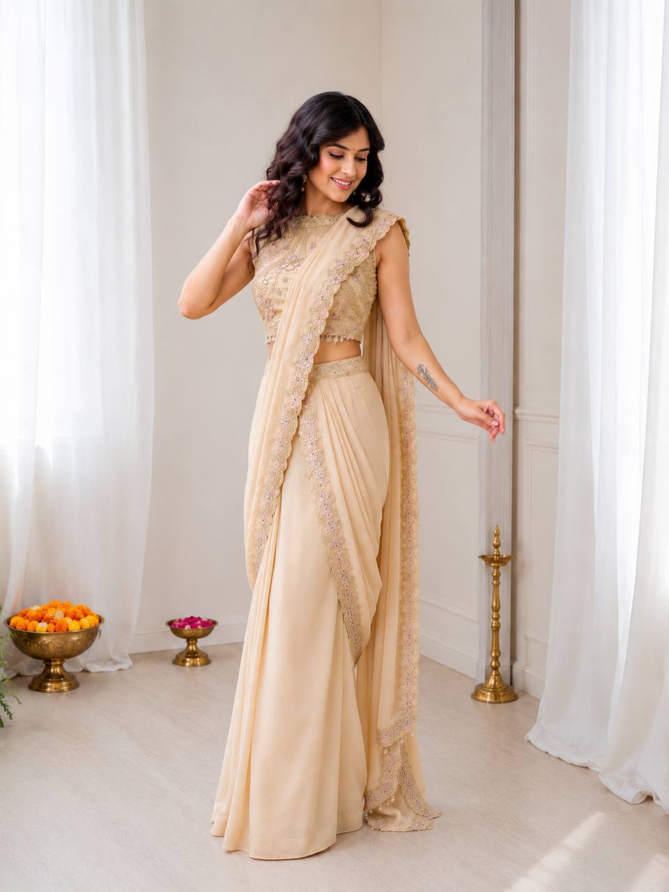 Bollywood Wear Cream Color Embroidery Sequins Work Lehenga Saree