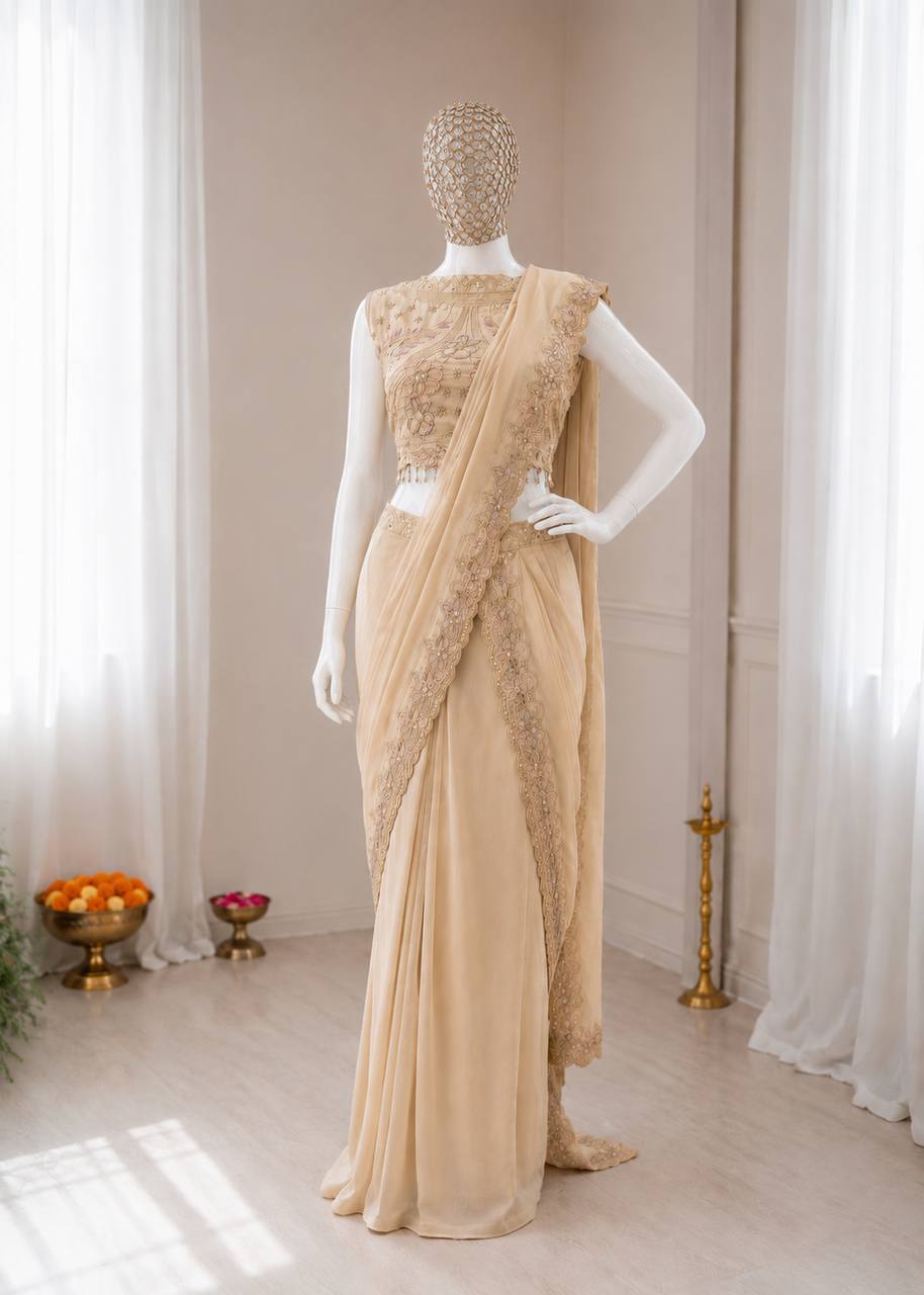 Bollywood Wear Cream Color Embroidery Sequins Work Lehenga Style Outfit