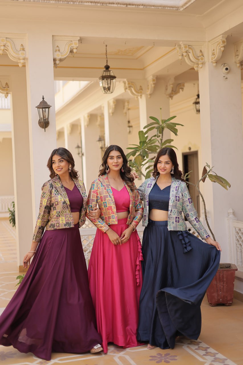 Stylish Chinon Fully Stitched Designer Lehenga Choli Koti Set - Ethnicwish