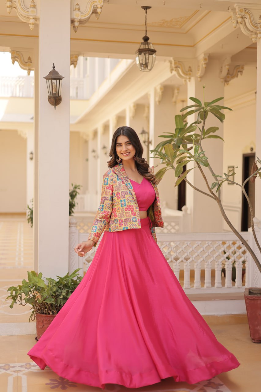 Stylish Chinon Fully Stitched Designer Lehenga Choli Koti Set - Ethnicwish