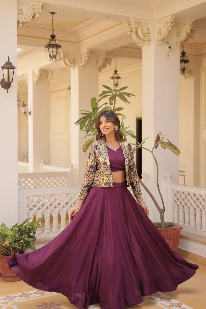 Stylish Chinon Fully Stitched Designer Lehenga Choli Koti Set - Ethnicwish