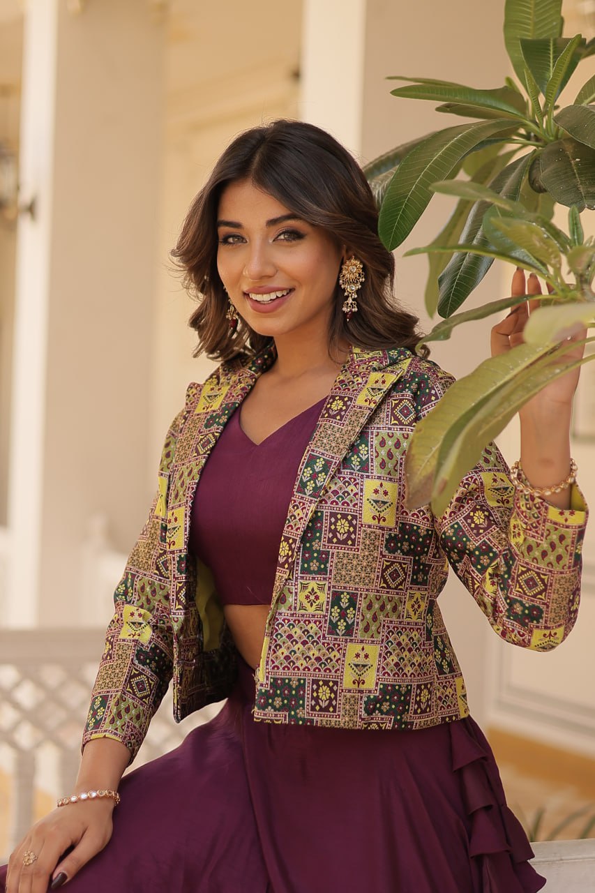 Stylish Chinon Fully Stitched Designer Lehenga Choli Koti Set - Ethnicwish