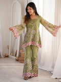 Olive Green Embroidered Palazzo Set for Women – Designer Silk Party Wear Co-Ord Outfit | Wedding, Sangeet & Festive Wear 2026