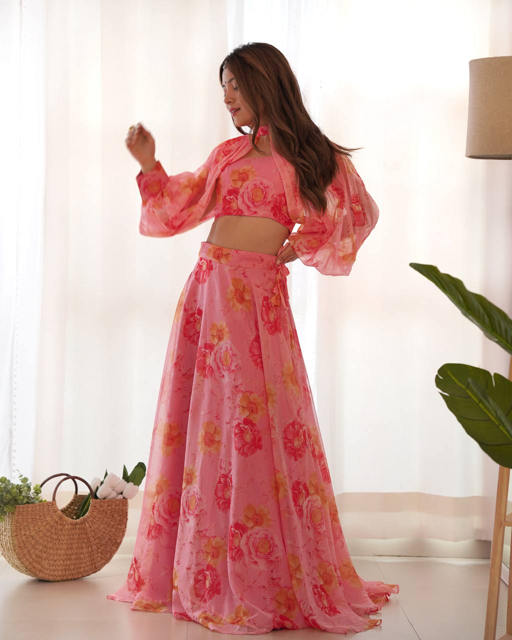 Ceremony Wear Baby Pink Color Pure Soft Tabby Organza Silk Floral Printed Lehenga Choli