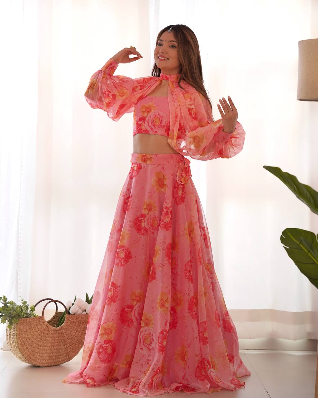 Ceremony Wear Baby Pink Color Pure Soft Tabby Organza Silk Floral Printed Lehenga Choli