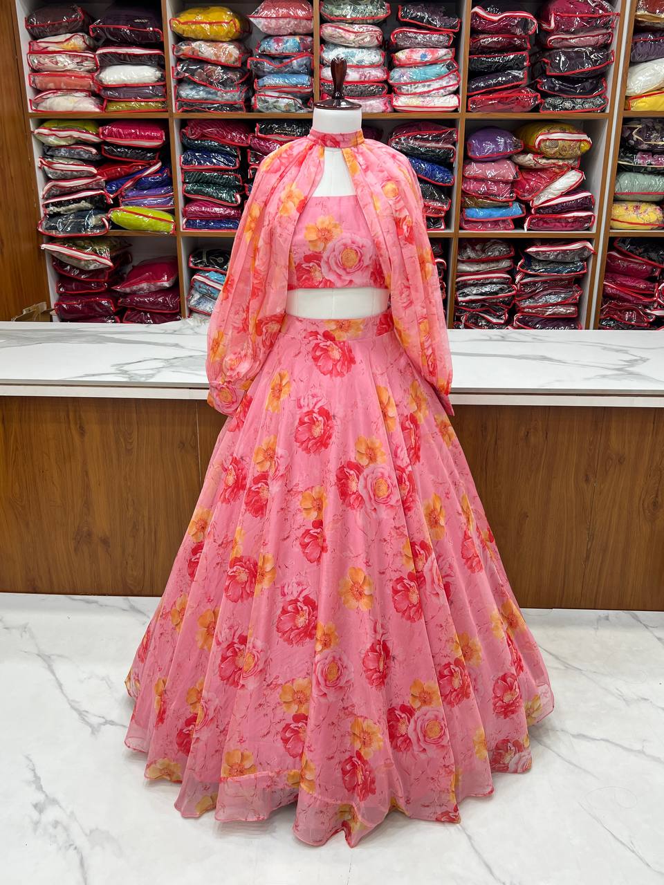 Ceremony Wear Baby Pink Color Pure Soft Tabby Organza Silk Floral Printed Lehenga Choli