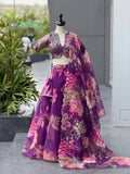 Designer Pruple Color Organza Digital Print Lehenga Set With Batwa Bag
