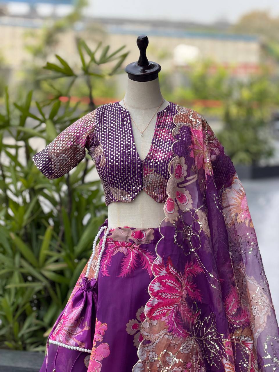 Designer Pruple Color Organza Digital Print Lehenga Set With Batwa Bag