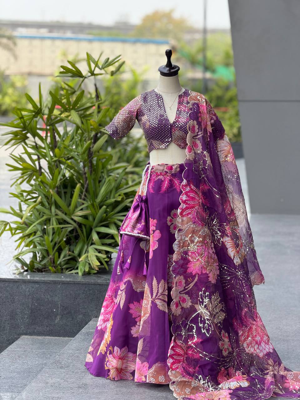 Designer Pruple Color Organza Digital Print Lehenga Set With Batwa Bag