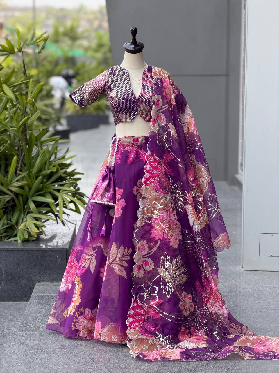 Designer Pruple Color Organza Digital Print Lehenga Set With Batwa Bag
