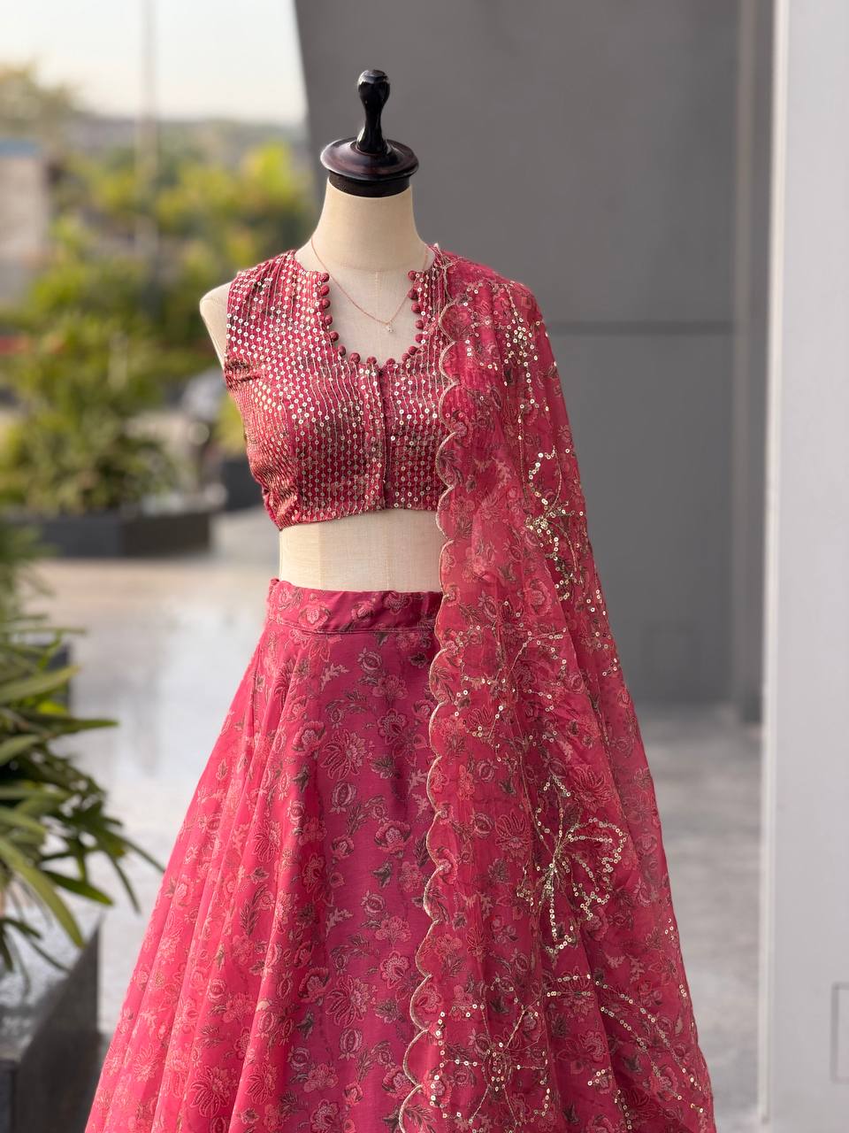 Designer Pink Color Organza Digital Print Lehenga Set With Batwa Bag