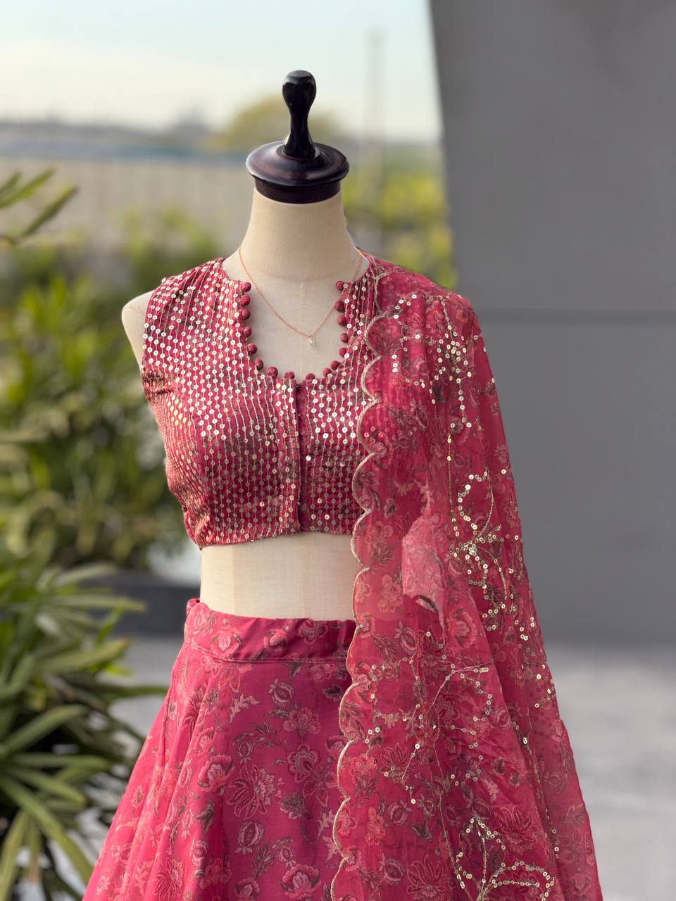 Designer Pink Color Organza Digital Print Lehenga Set With Batwa Bag