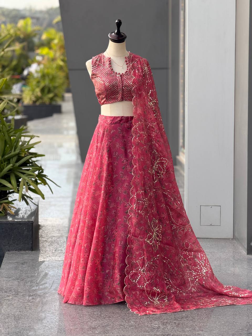 Designer Pink Color Organza Digital Print Lehenga Set With Batwa Bag