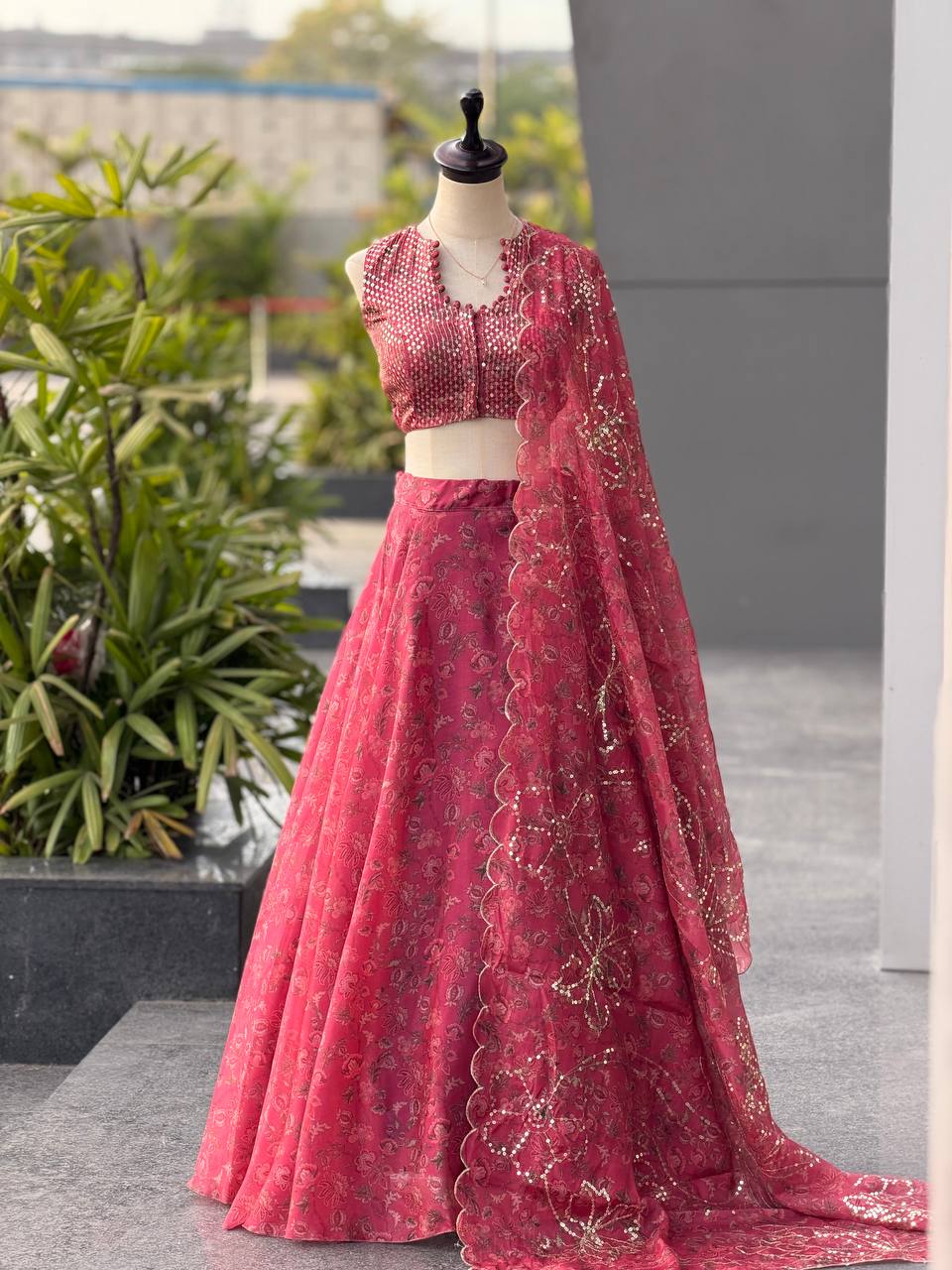 Designer Pink Color Organza Digital Print Lehenga Set With Batwa Bag
