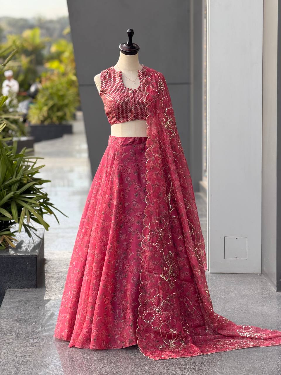 Designer Pink Color Organza Digital Print Lehenga Set With Batwa Bag