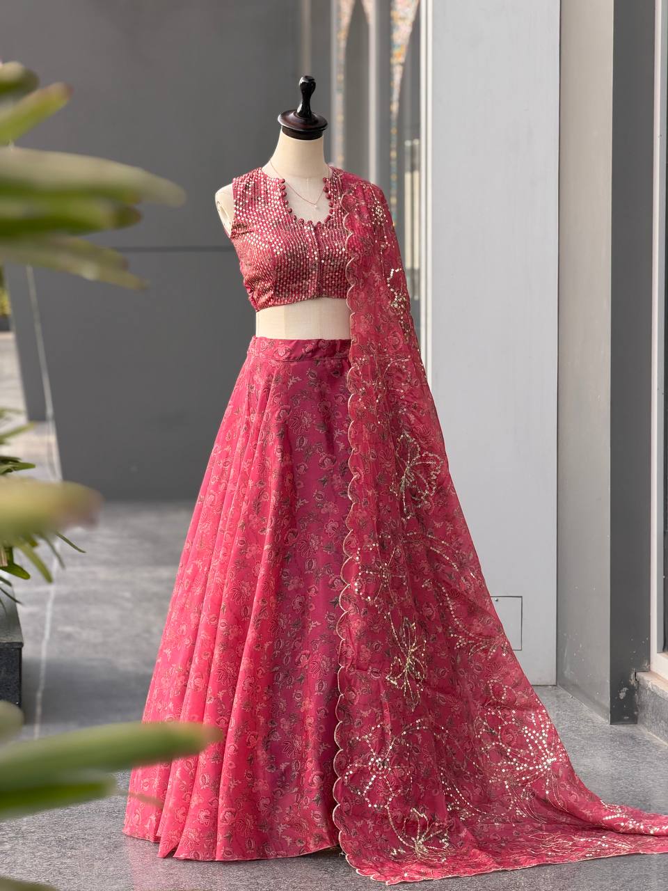 Designer Pink Color Organza Digital Print Lehenga Set With Batwa Bag