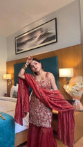 Party Wear Rust Red Sharara Suit Set with Thread & Sequins Work for Women