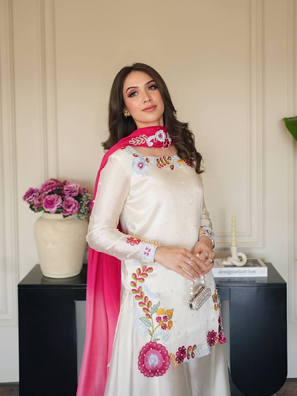 Graceful Woman in White and Pink | Sharara Set For Women