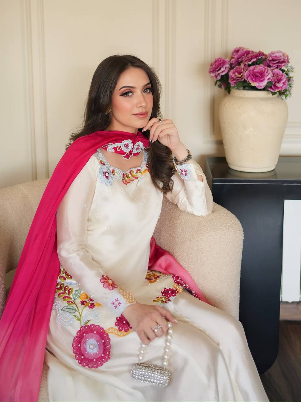 Graceful Woman in White and Pink | Sharara Set For Women