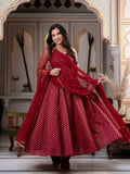 Designer Maroon Anarkali Suit Set With Pearl Embellished Net Dupatta