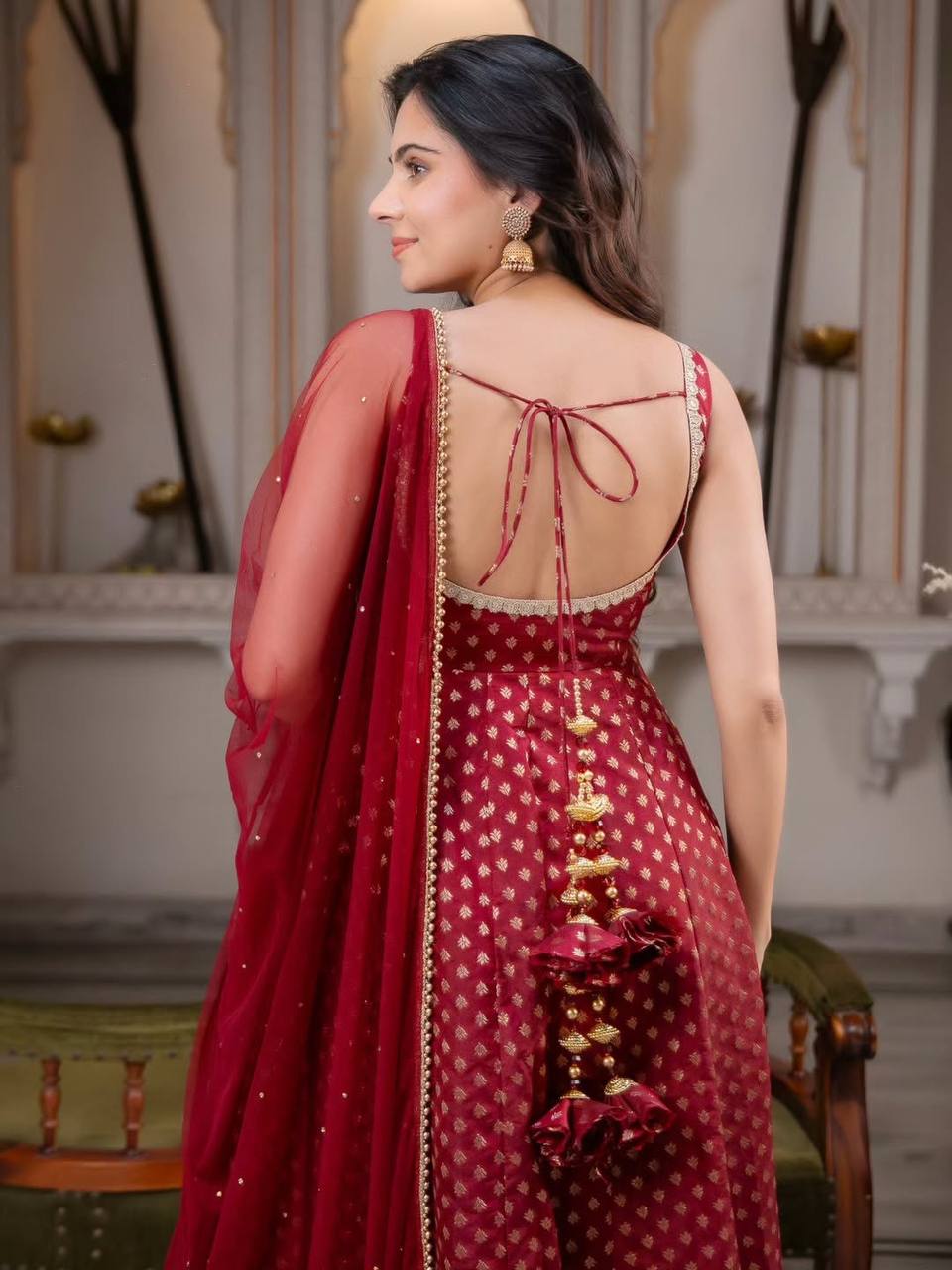 Designer Maroon Anarkali Suit Set With Pearl Embellished Net Dupatta