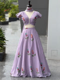 Wedding Wear Lavender Color Hand Painted Pure Georgette Lehenga Set