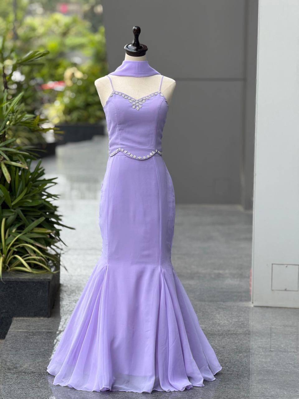 Party Wear Lavender Color Marmaid Georgette Fish Cut Lehenga