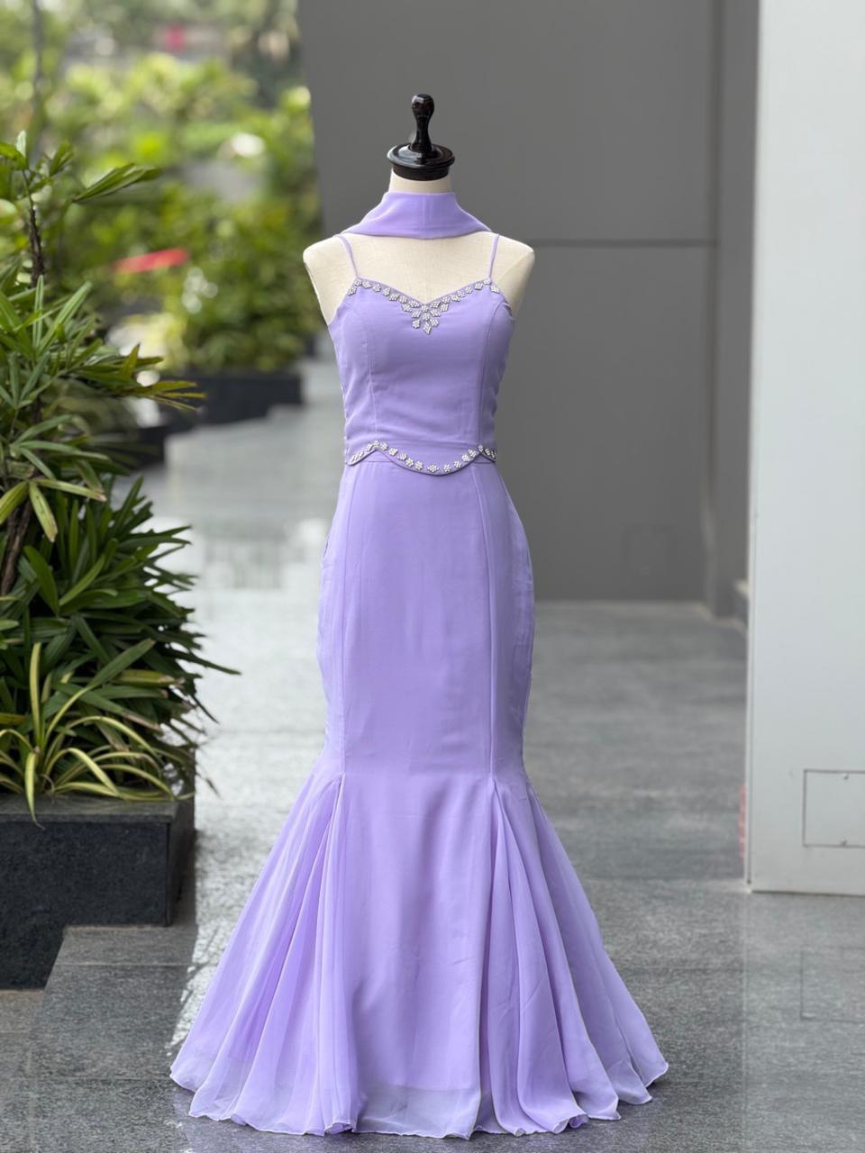 Party Wear Lavender Color Marmaid Georgette Fish Cut Lehenga