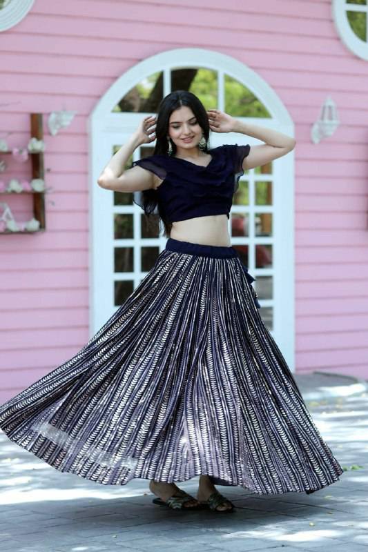 Navy Blue Faux Georgette Sequins Worked Fully Stitched Lehenga Choli - Ethnicwish