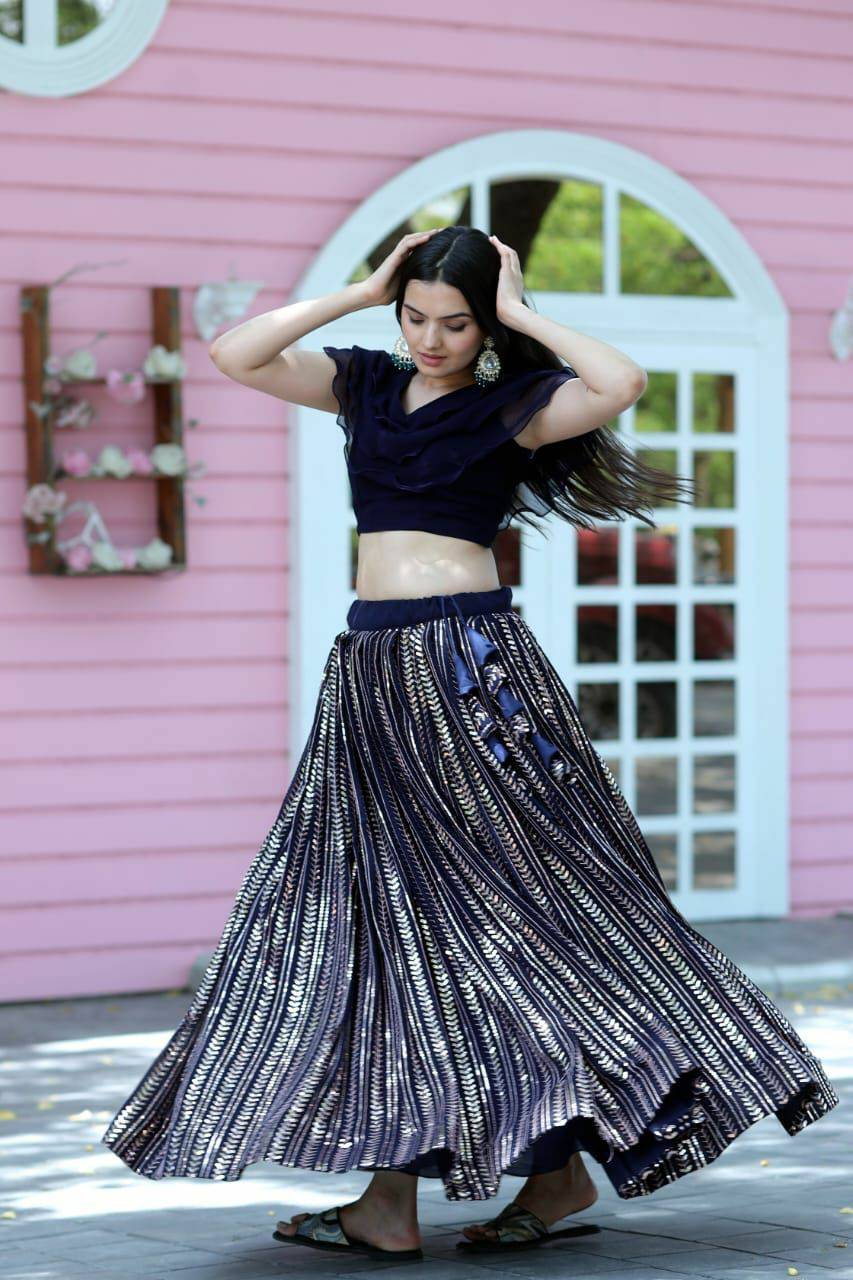 Navy Blue Faux Georgette Sequins Worked Fully Stitched Lehenga Choli - Ethnicwish