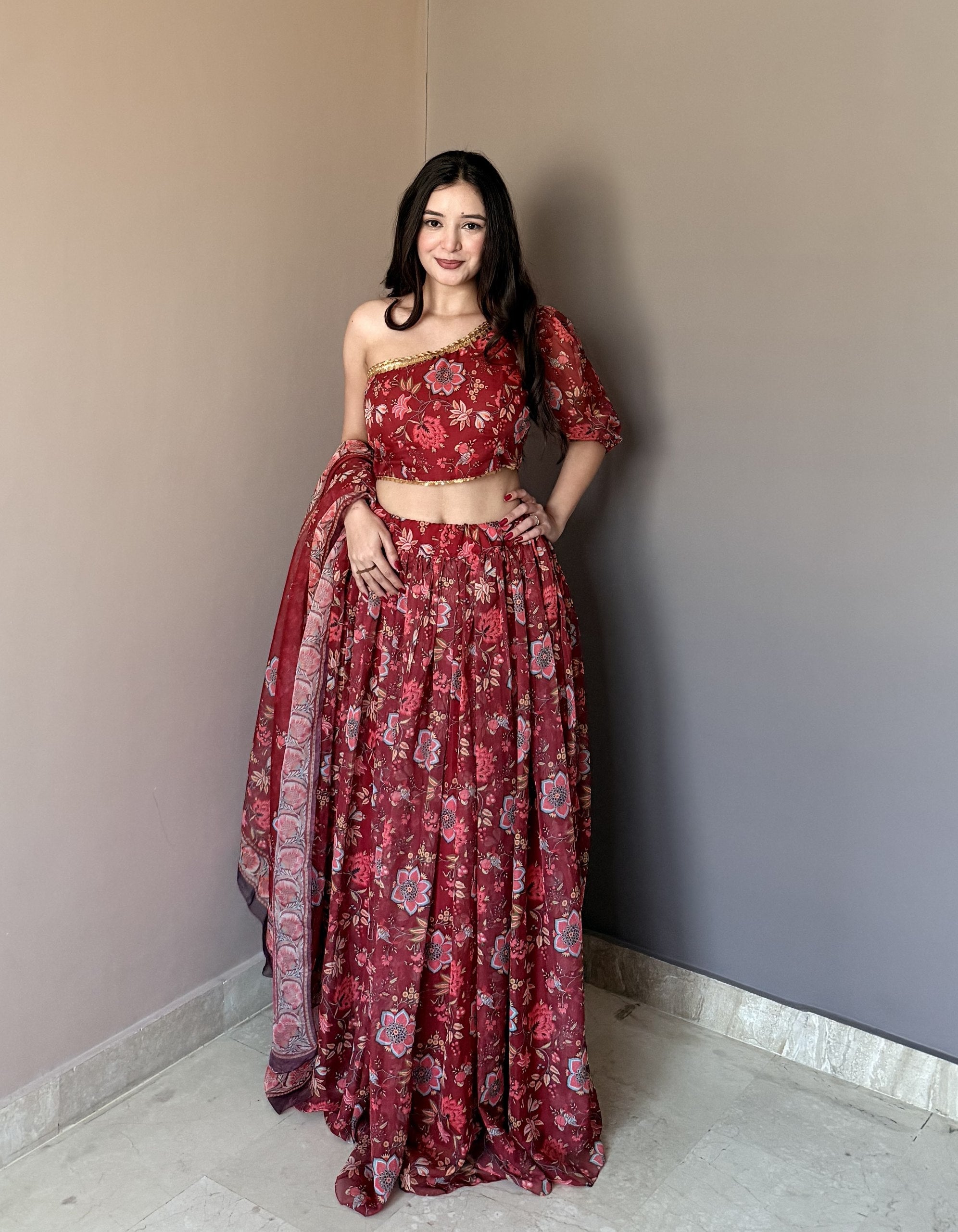 Fancy Maroon Color Stlish Floral Printed Lehenga Choli