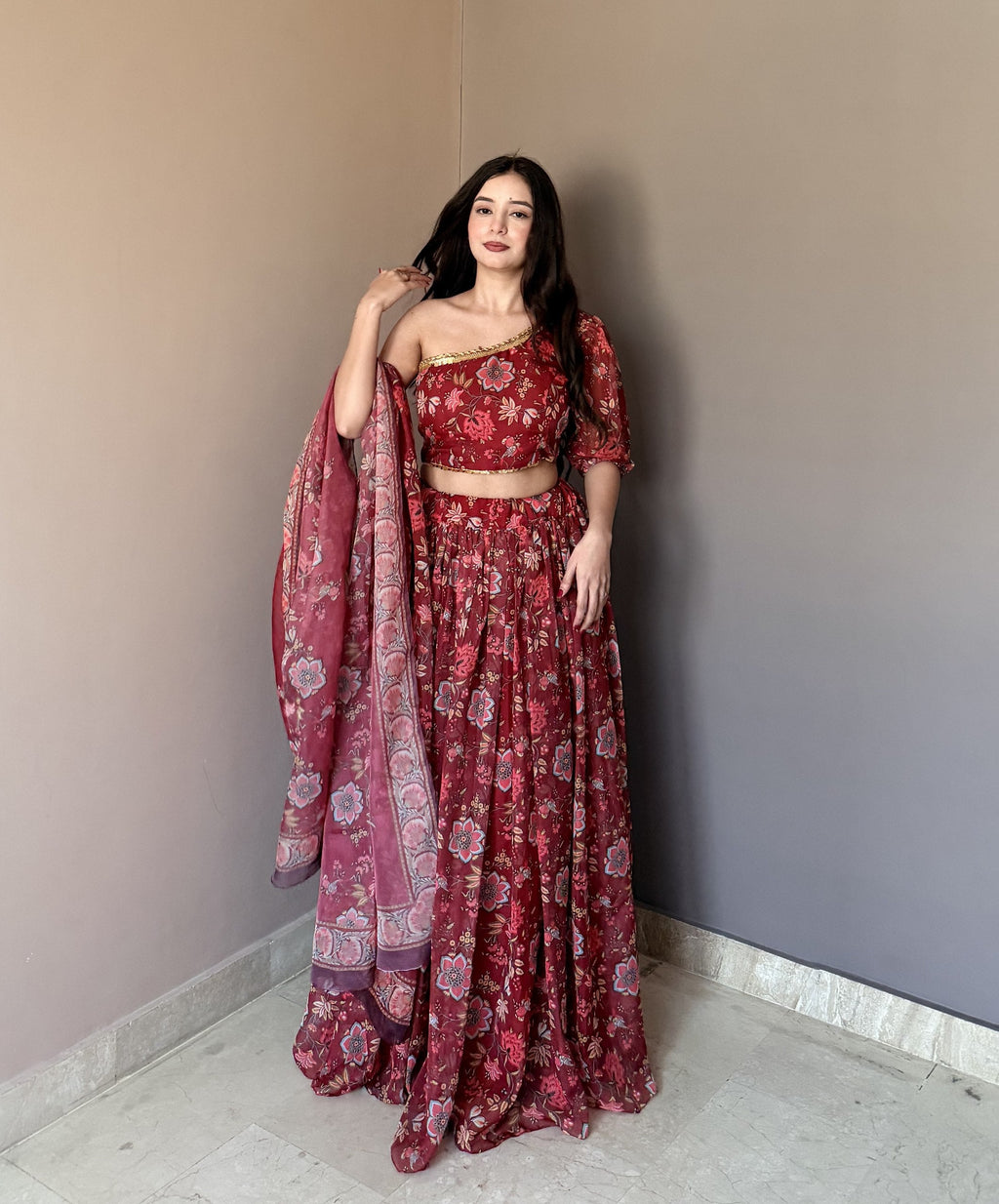 Fancy Maroon Color Stlish Floral Printed Lehenga Choli