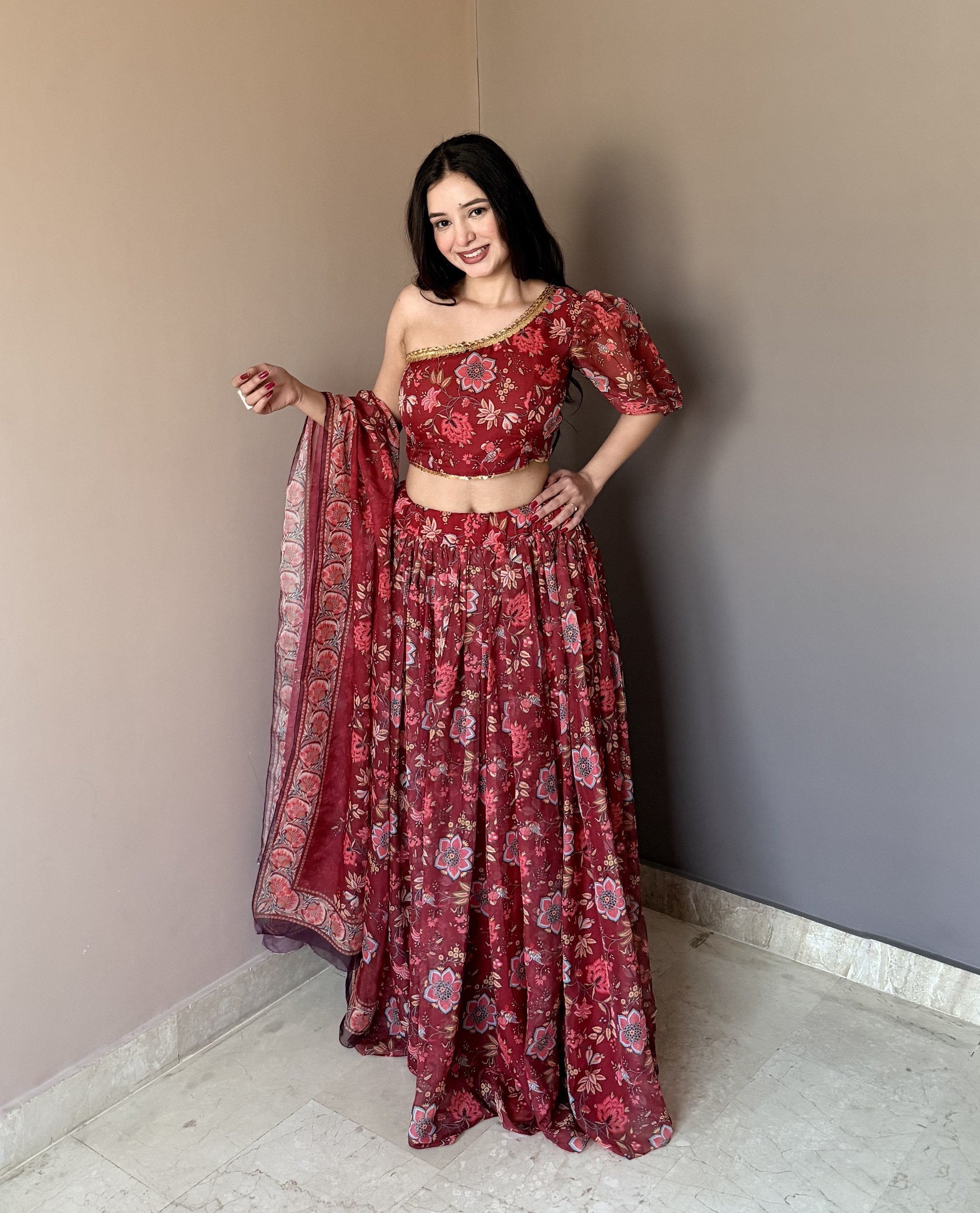 Fancy Maroon Color Stlish Floral Printed Lehenga Choli