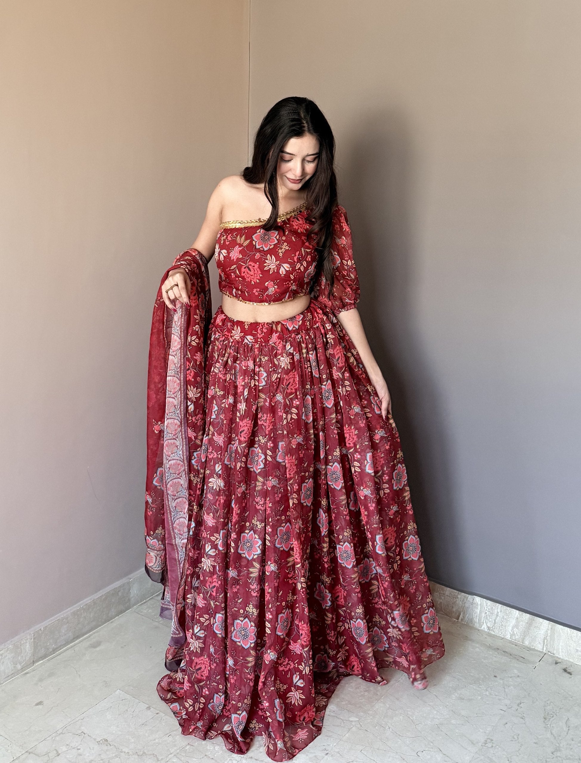 Fancy Maroon Color Stlish Floral Printed Lehenga Choli