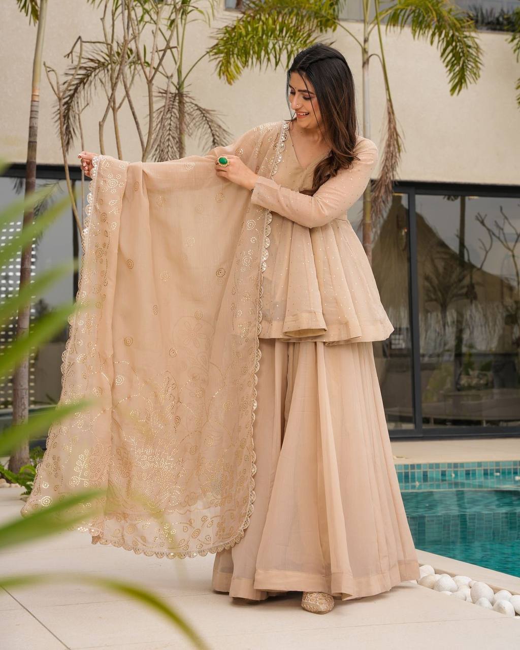 Festive Wear Kurta Palazzo Sharara Set with Matching Dupatta