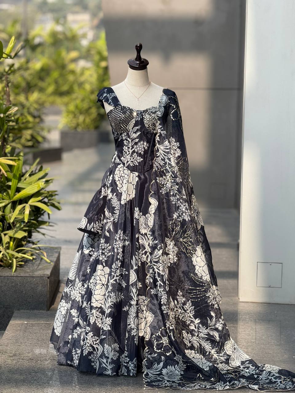 Trendy Corset Pattern Organza Lehenga Set With Designer Batwa