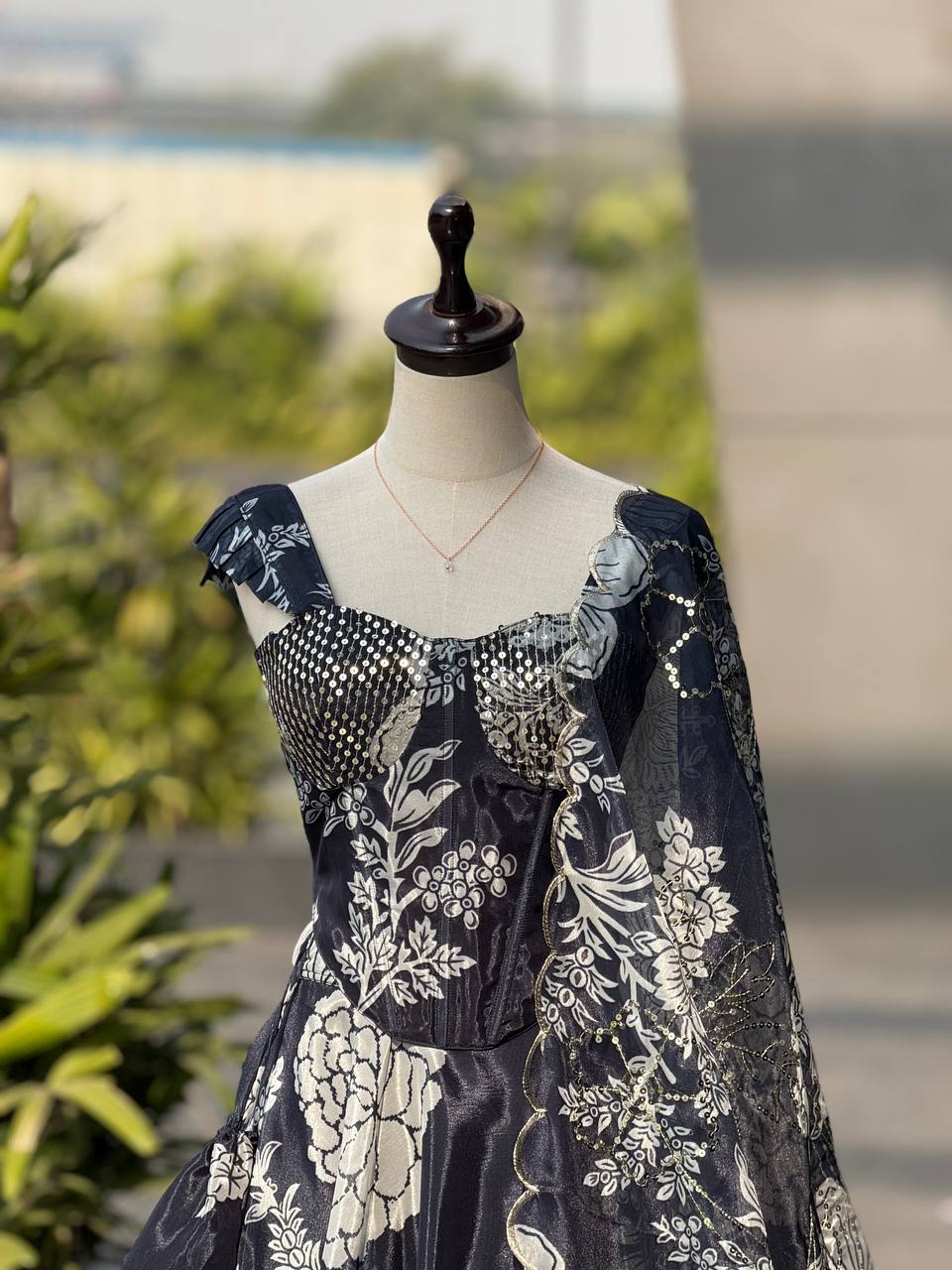 Trendy Corset Pattern Organza Lehenga Set With Designer Batwa