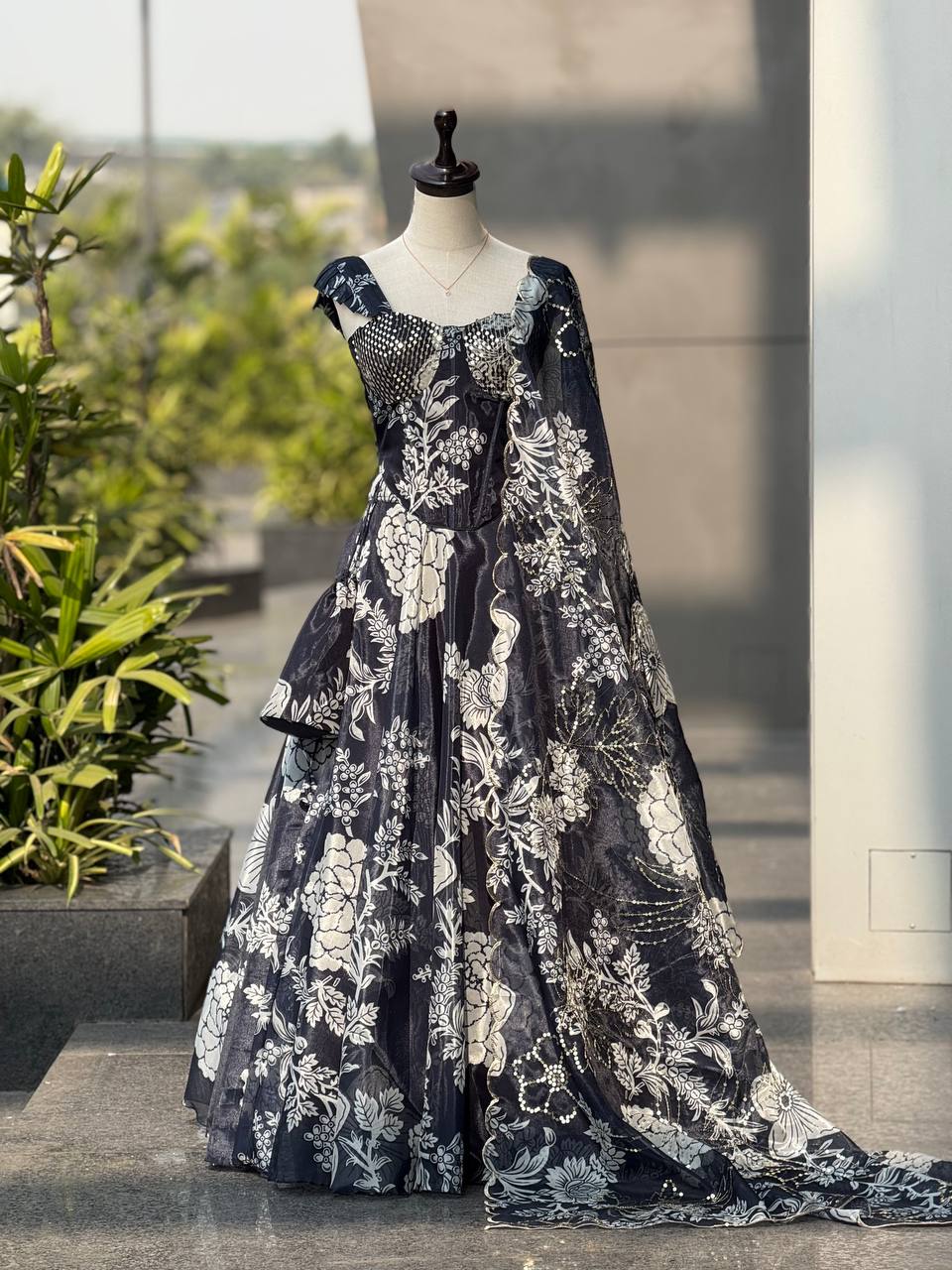 Trendy Corset Pattern Organza Lehenga Set With Designer Batwa