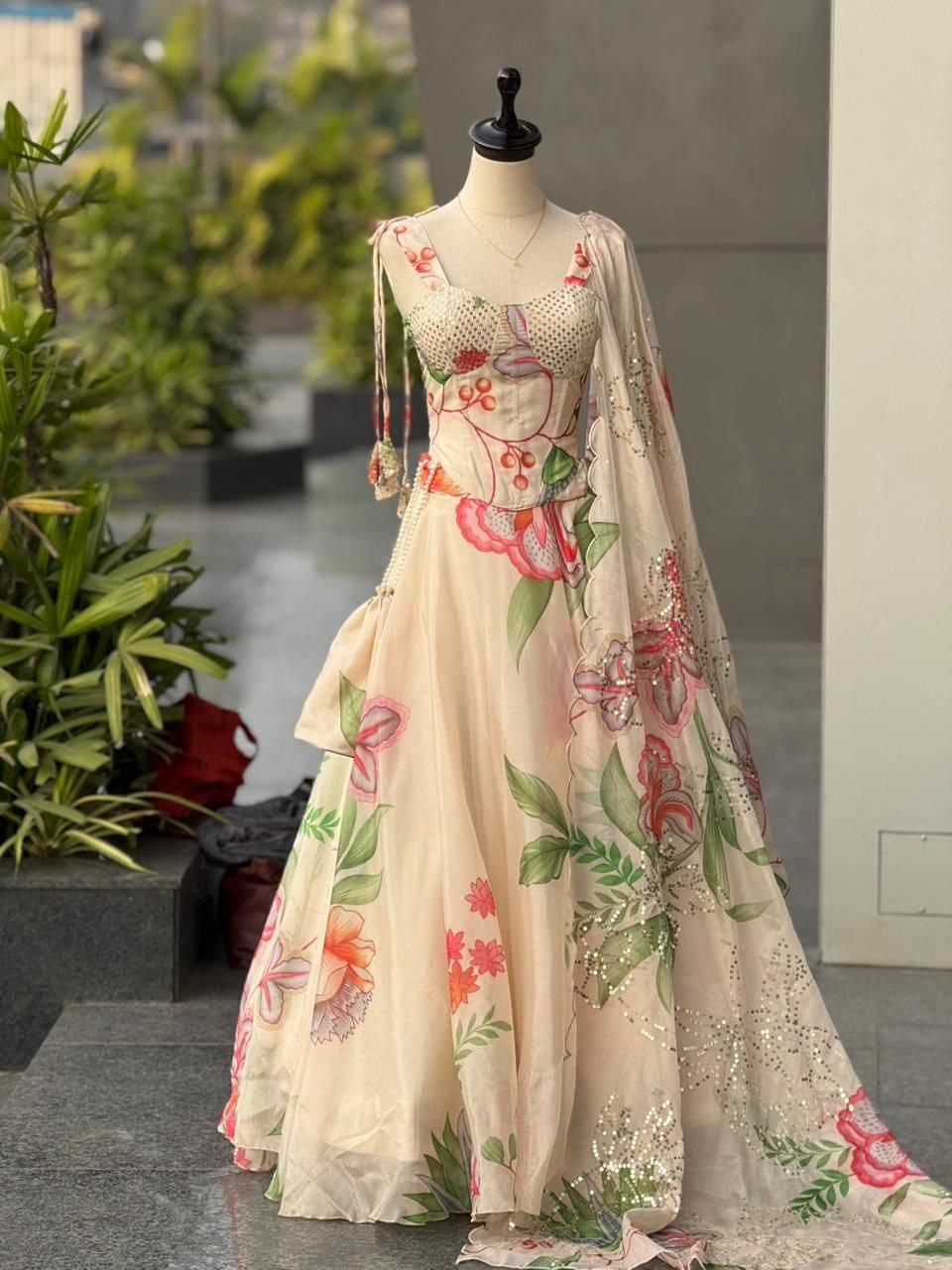 Carnival Function Wear Organza Lehenga With Trendy Corset Pattern Blouse And Designer Batwa