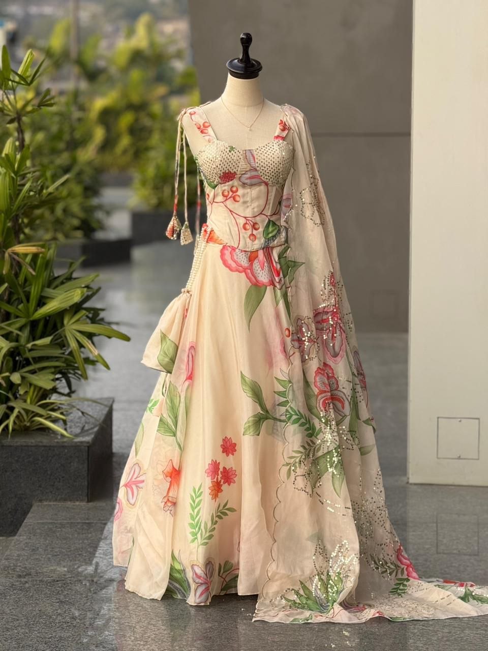 Carnival Function Wear Organza Lehenga With Trendy Corset Pattern Blouse And Designer Batwa