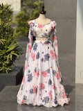 Designer Off White Color Printed Georgette Fully Stitched Lehenga Set