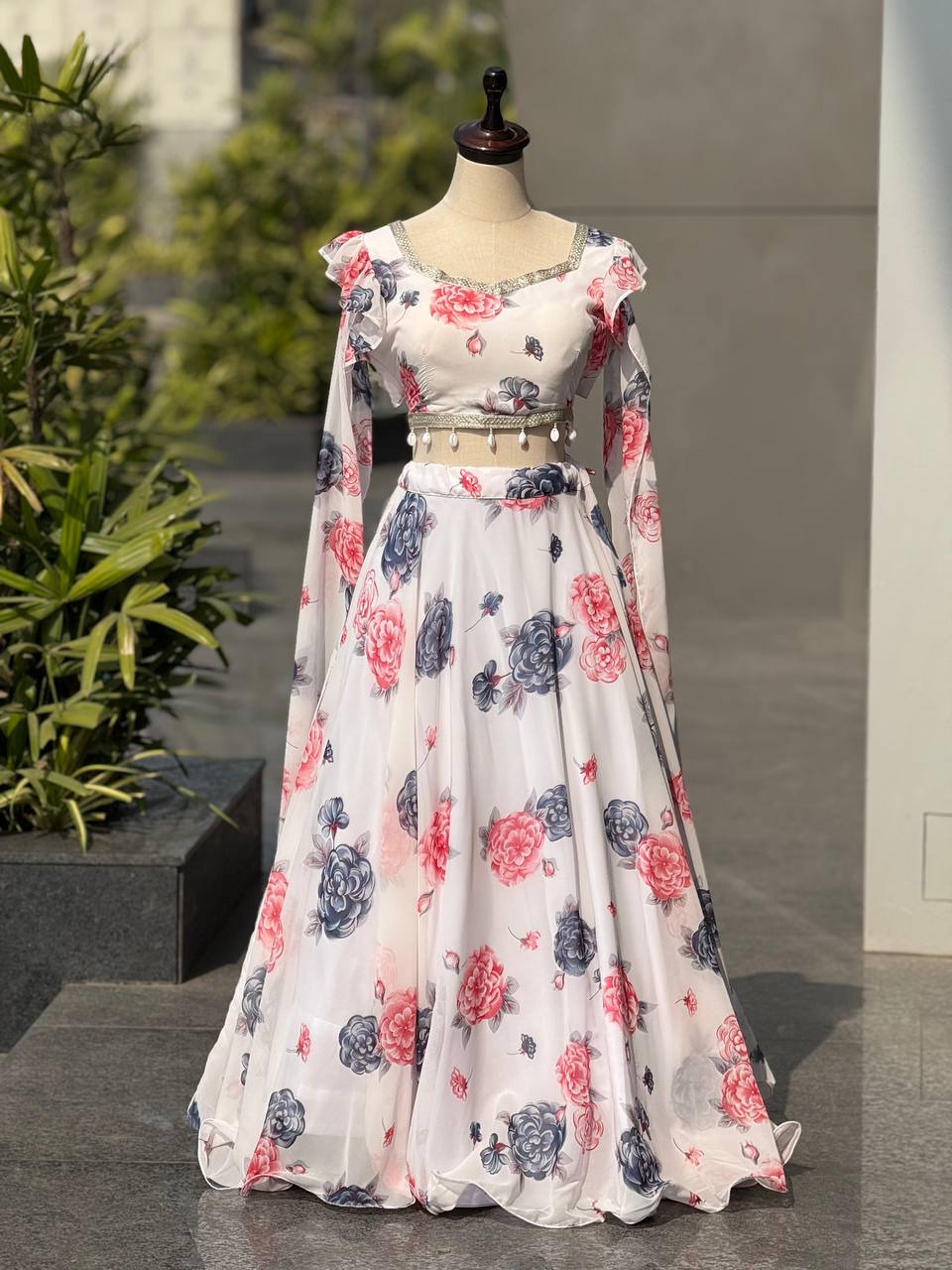 Designer Off White Color Printed Georgette Fully Stitched Lehenga Set