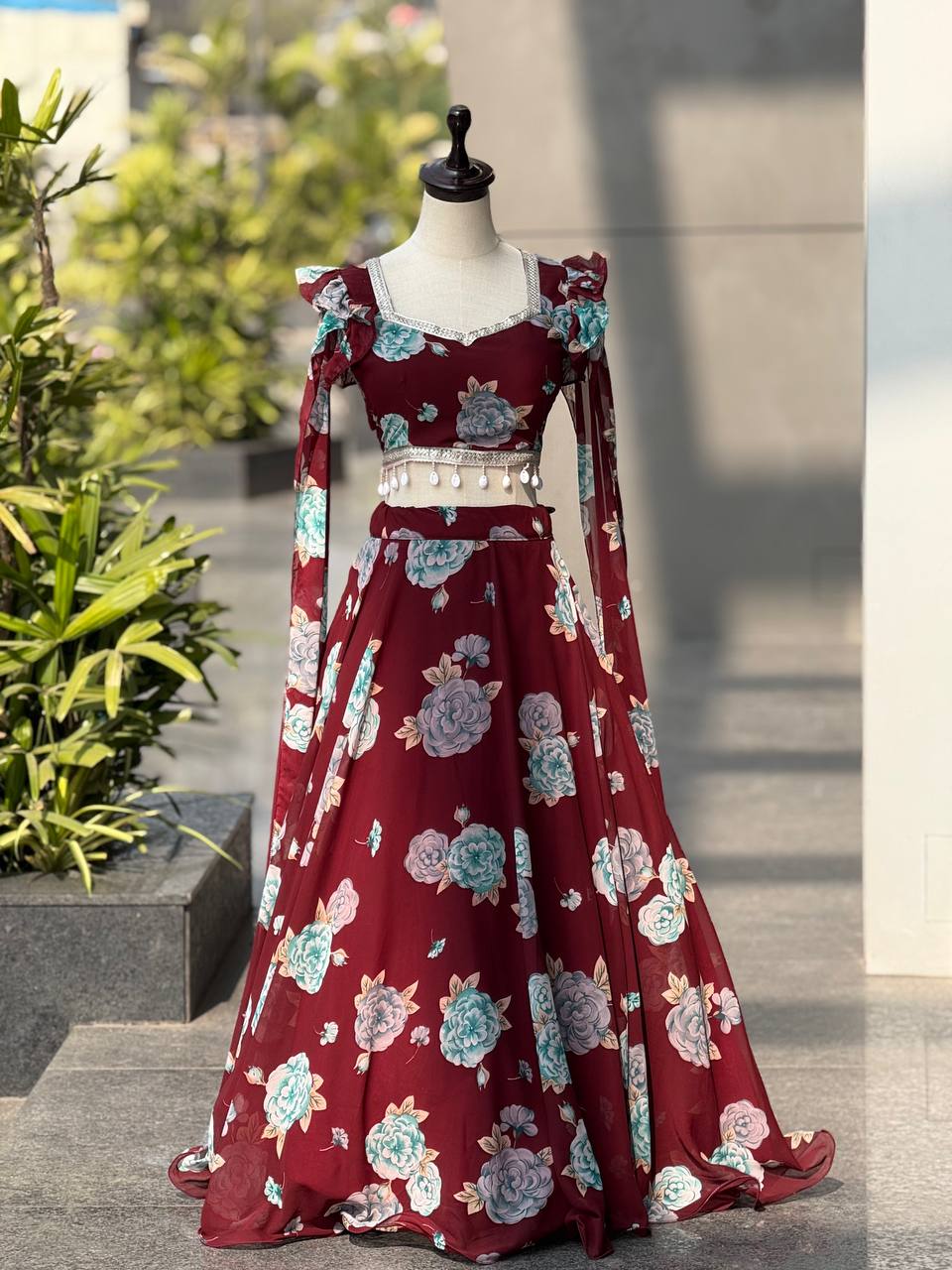 Wedding Wear Maroon Color Printed Georgette Fully Stitched Lehenga Set