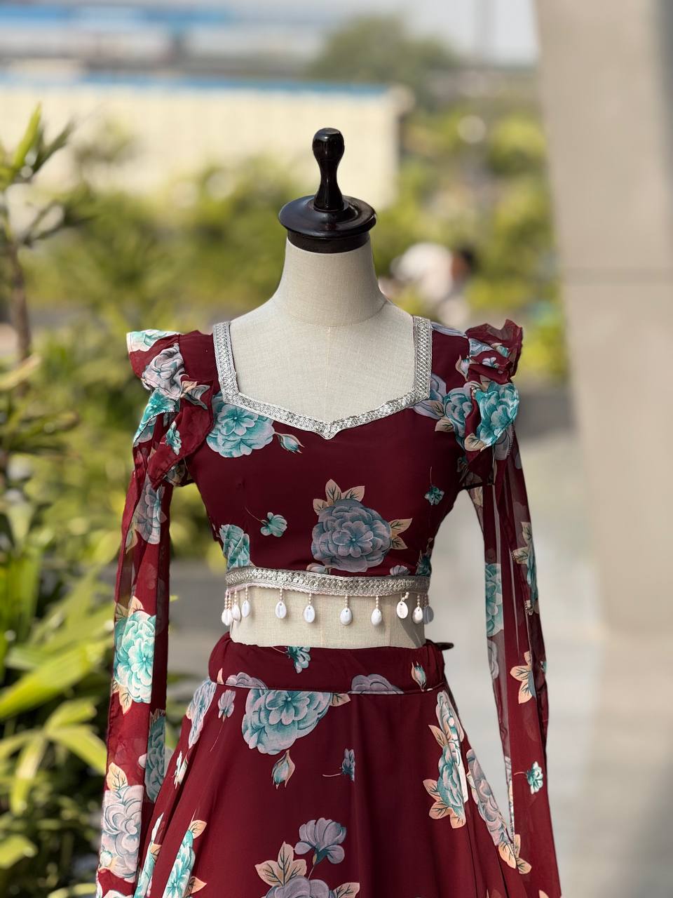 Wedding Wear Maroon Color Printed Georgette Fully Stitched Lehenga Set