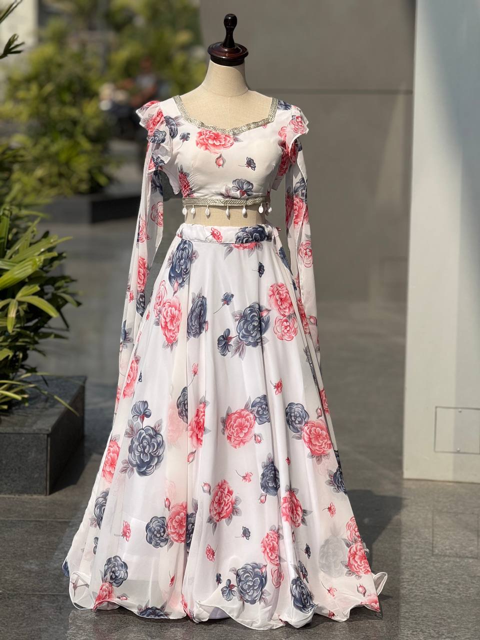 Designer Off White Color Printed Georgette Fully Stitched Lehenga Set