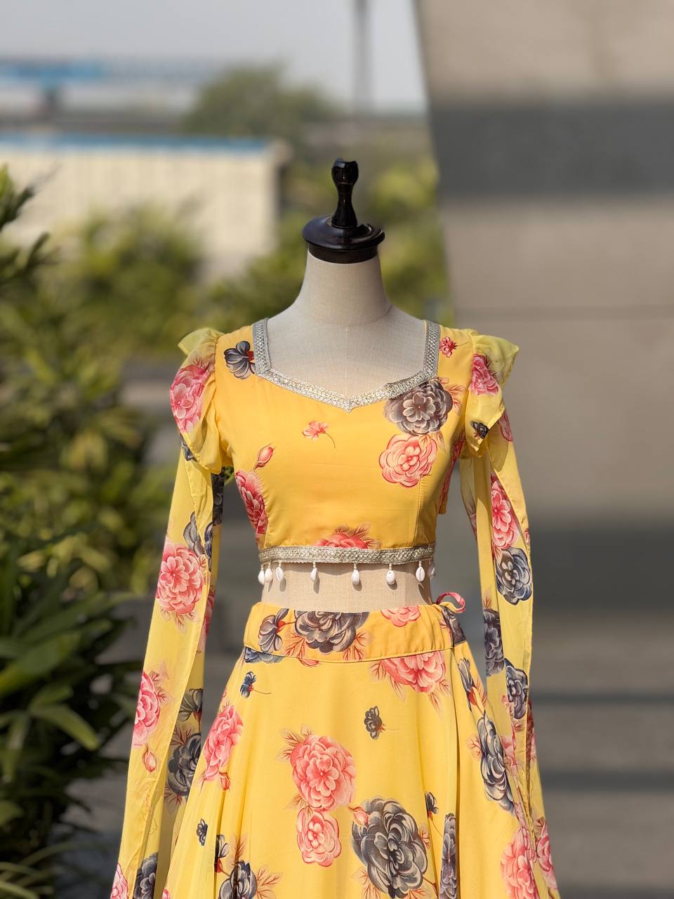 Haldi Wear Yellow Color Printed Georgette Fully Stitched Lehenga Set